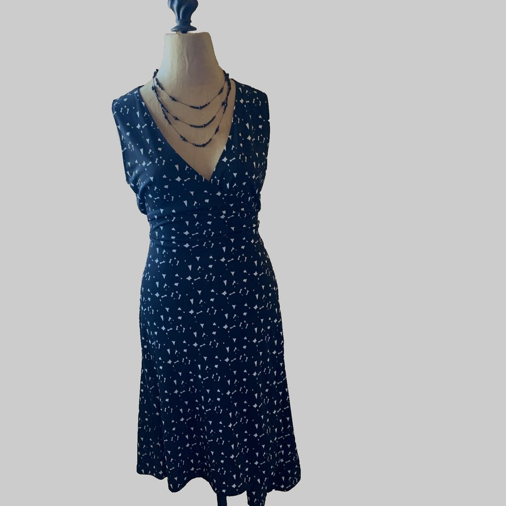 Vintage Wrap Dress Size M Sleeveless Black White Geometric Midi Wedding Guest‎